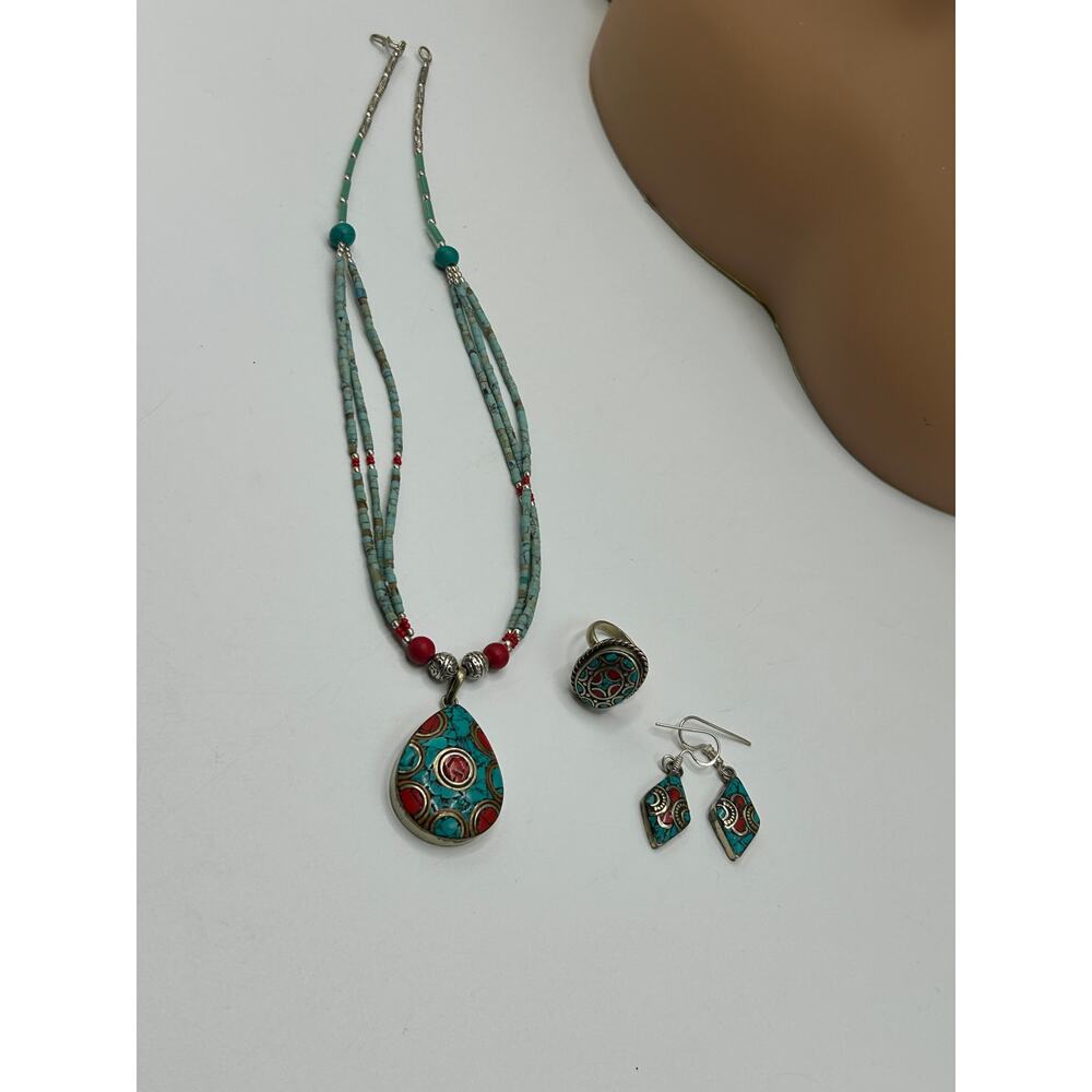Turquoise & Coral Tibetan Silver Pendant Necklace Set w/ Earrings & Ring - Picture 8 of 8